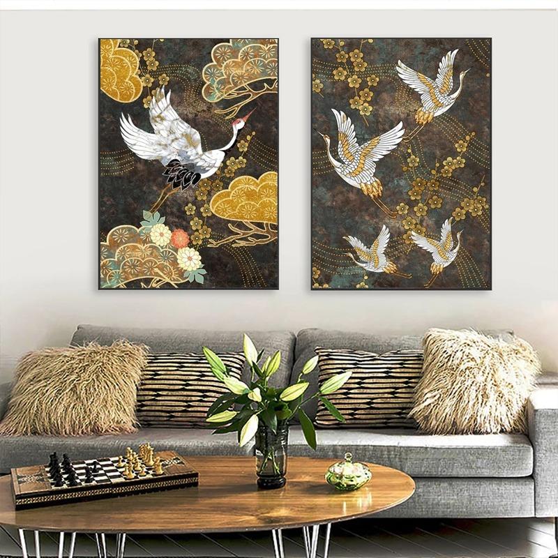Retro Golden Flying Crane Abstraktes Tier Vogel Poster Drucke Chinesischer Stil Leinwand Malerei Wandkunst Bild Wohnzimmer Dekor