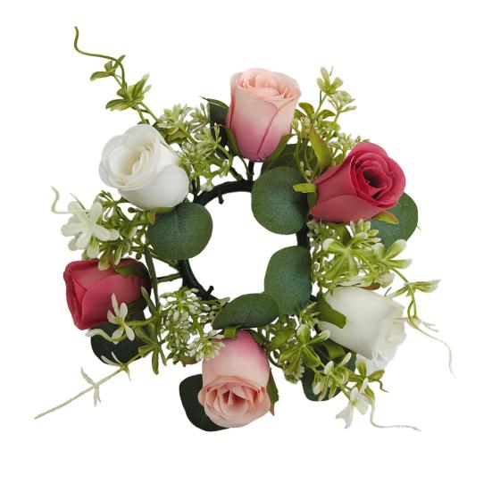 Artificial Rose Candle Ring Wreath Faux Silk Floral Wedding Centerpiece Rustic Fake Rose Candle Holder for Christmas Home Table Decor