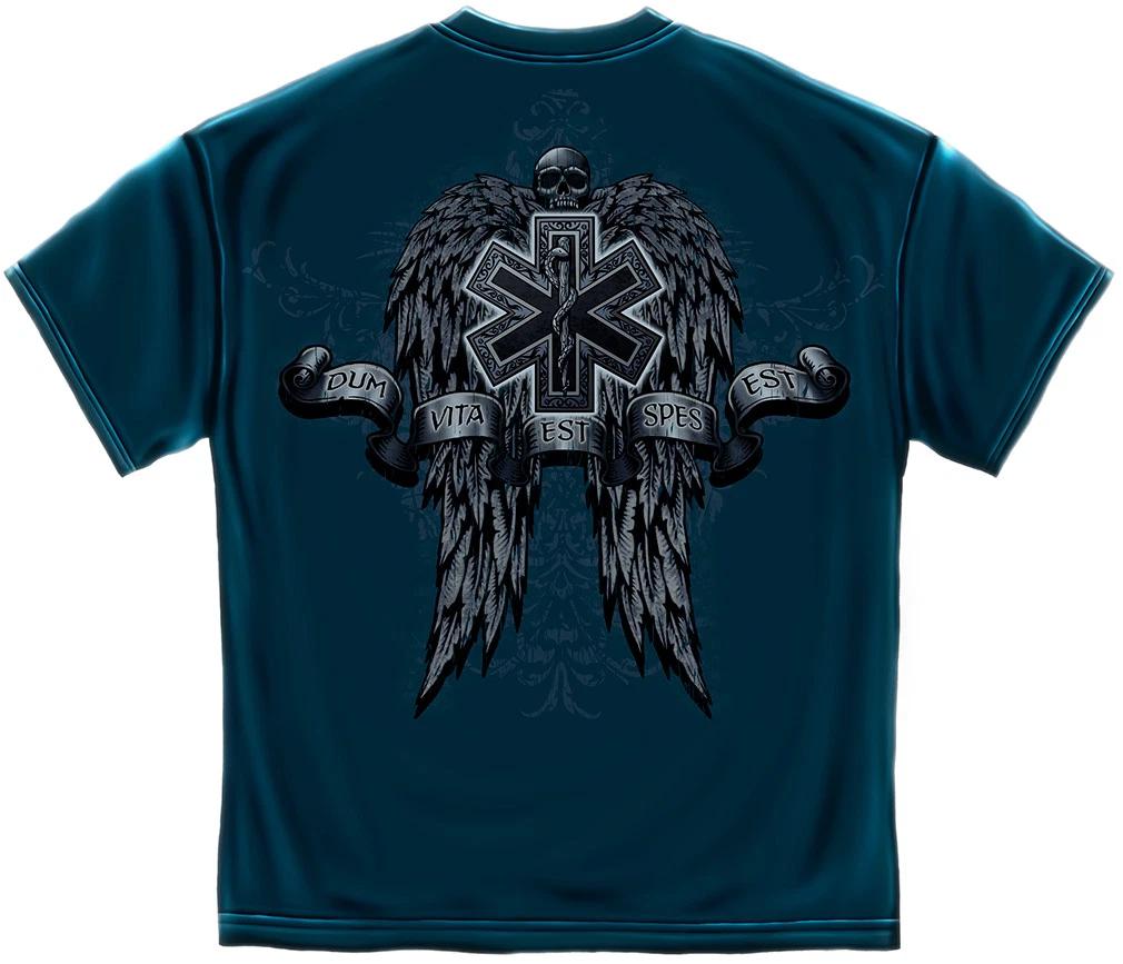 New EMS WITH SKULL WINGS BLUE T Shirt S