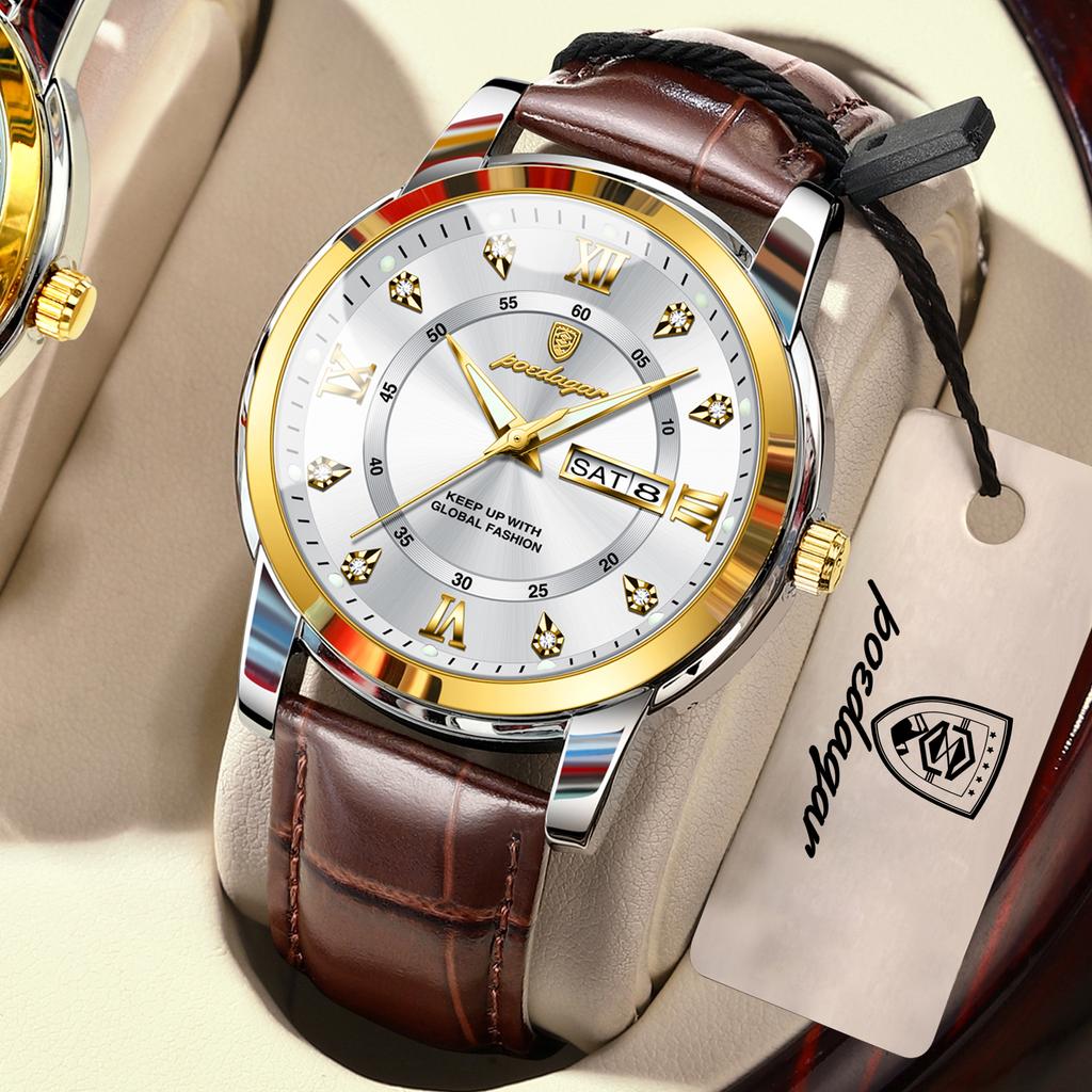 POEDAGAR Luxury Business Male Clock Date Week Waterproof Luminous Gold Wristwatch Casual Fashion Quartz Watches Reloj