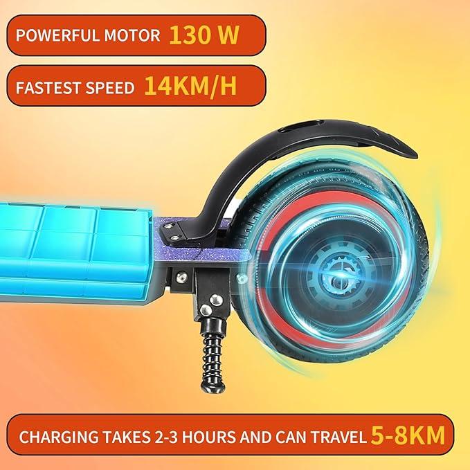 Elektrická koloběžka pro děti ve věku 6-14 let, Skládací design, 130W motor, Max. 8,7 mph, Dojezd 3-5 mil, Barevná LED světla a displej