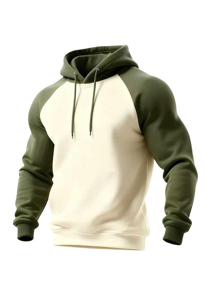 Felpa con cappuccio in pile a blocchi di colore raglan rétro da uomo - Stile americano, Casual Autunno/Inverno