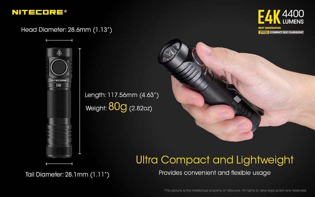 NITECORE E4K Handheld Flashlight, 4400 Lumens, CREE XP-L2 V6 LEDs X4, 21700 X1