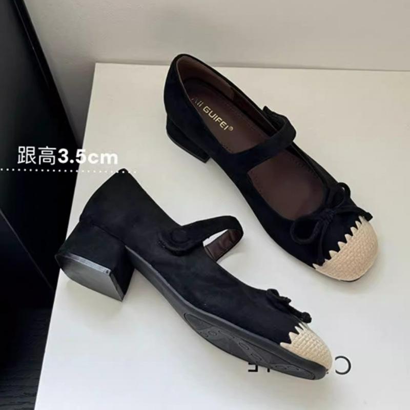 French Small Fragrant Splicing Round Head Thick Heel High Heel Single Shoes Temperament Versatile Commuter Mary Jane Shoes