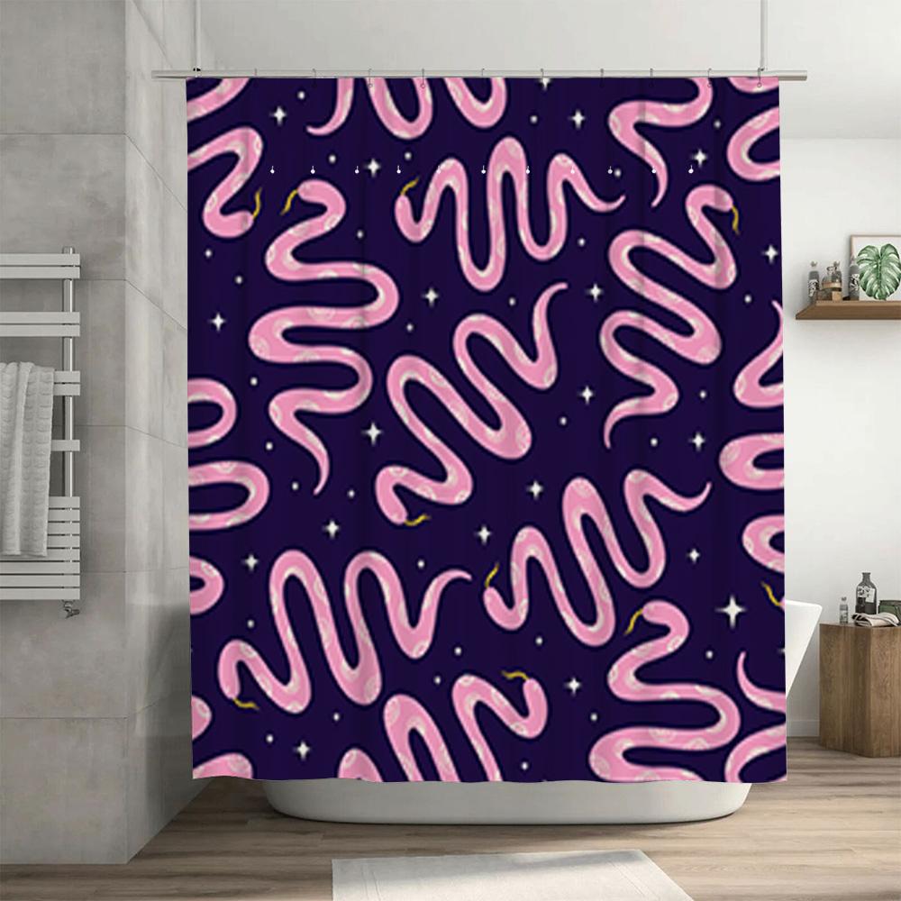 Purple Snake Print Shower Curtain with Pink Swirls Waterproof Decorative Home Bath Rug Mat Cover Set for Bathroom Renovations (L