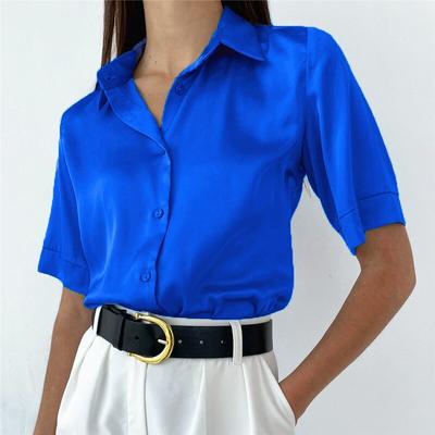 Summer Satin Blouse Women Casual Loose Short Sleeve Silk Shirt Women Casual Elegant Office Button Shirts Tops Female18917