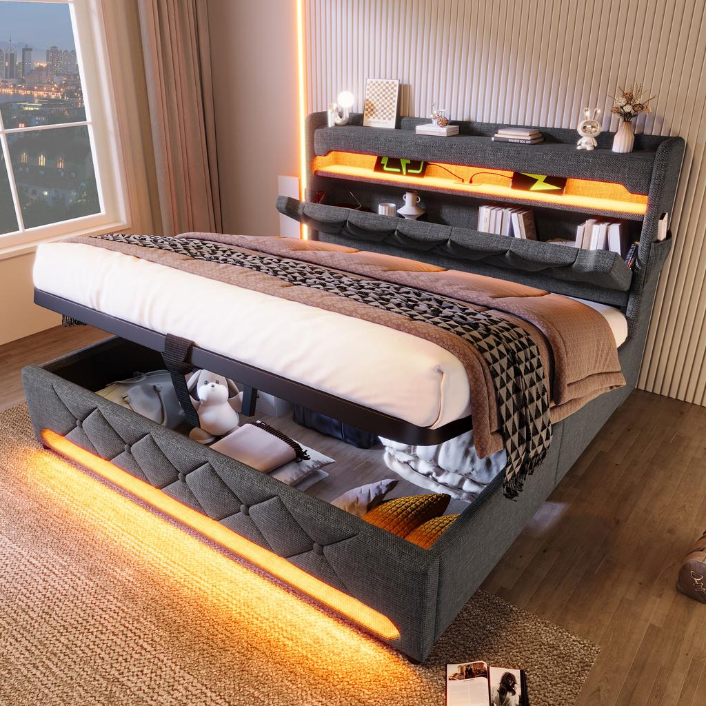 Upholstered Bed 140*190, Storage Headboard, USB Type C Port, 360 Surround LED Around Head and Foot End, Hydraulic Storage, Grey, Linen(No Mattress)