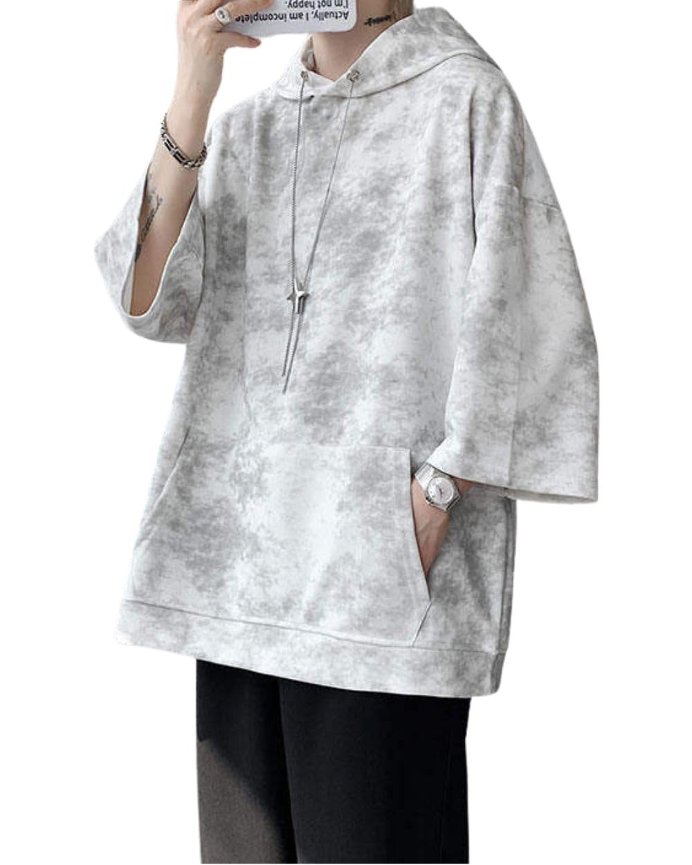 

summer sleeve large loose summer cool with pullover [foveitaa] Men s hoodie, clothing, 3/4 T-shirt, size, fit, stylish, tie-dye design, hooded, use, білий