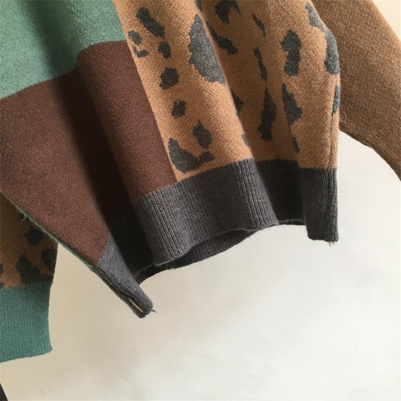 QICED Větrný svetr s patchworkem z leopardího potisku Dámský měkký zahuštěný kašmírový pletený top s dlouhým rukávem ve stylu ins