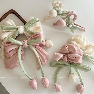 Dolce Set di Pinza per Capelli e Scrunchie Rosa Tulipano con Fiocco per Donne