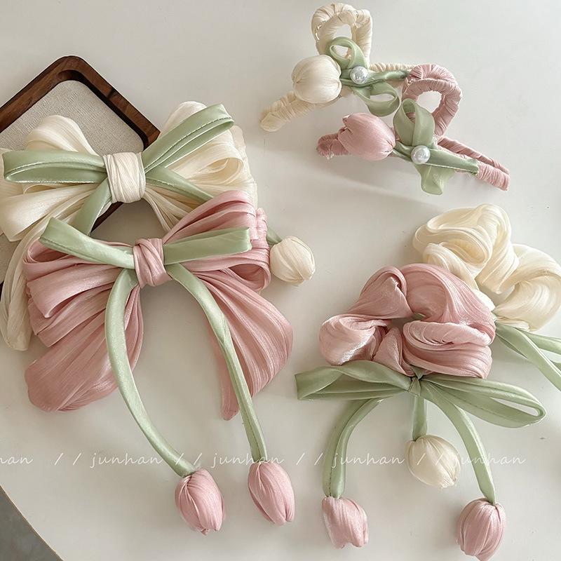 Sweet Tulip Pink Bow Hair Claw & Scrunchie Set for Women