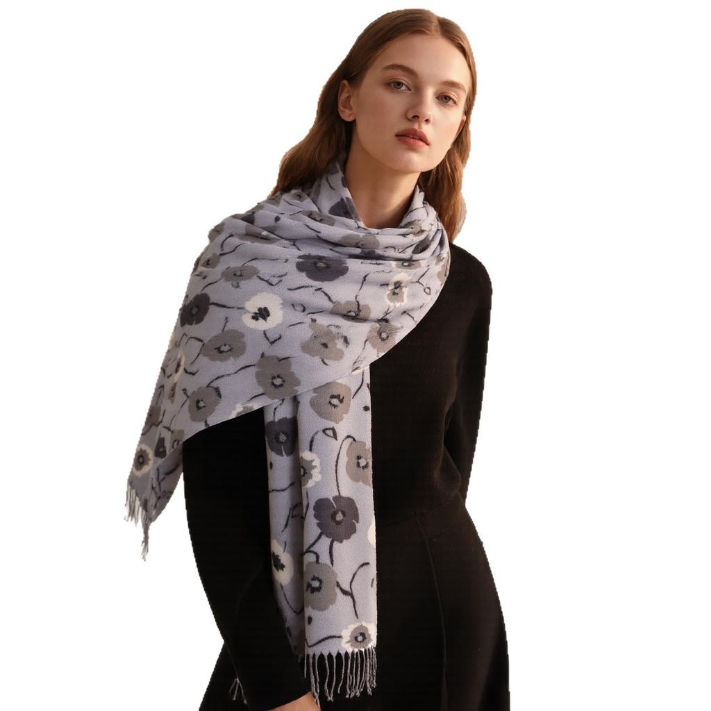 New Winter Warm Scarf Soft Faux Cashmere Shawl with Floral Print Double Color Neck Wrap Thick Fringe Stole for Women Luxury