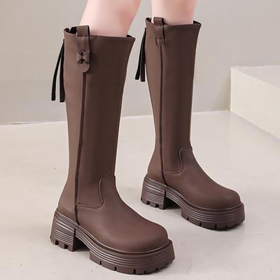 Winter Platform Women High Boots Leather Mid Heels Shoes Chunky Designer Motorcycle Boots Fashion Trend Goth Mujer Zapatos