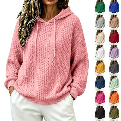 Women's Fashion Loose Fit Color Hooded Pullover Sweatshirt with Cable Knit Pattern