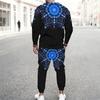 Men Black Blue Bohemian Mandala Partial Print Long Sleeve Sweatshirt Jogger Pants Two Piece Suit