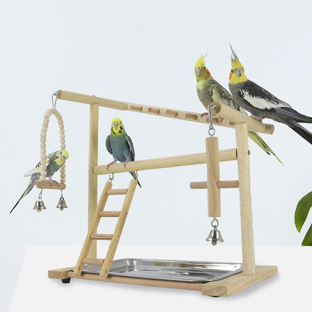 Bird Perch Stand Wooden Swings Ladders Toys With Removable Stainless Tray And Cup Parakeet Playground For Standing Chewing