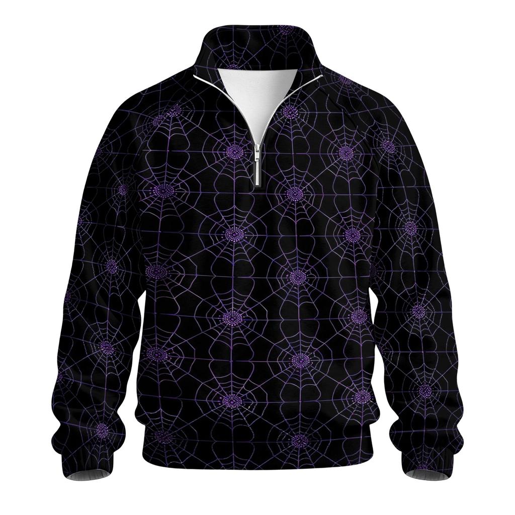 Men's Loose Fit Raglan Sleeve Sweatshirt with Stand Collar and Halloween Print for Parties and Daily Wear