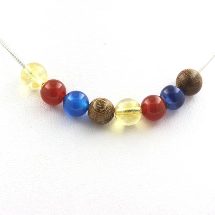 Collier perles Agate rouge + Agate rubanée bleu + Citrine + bois 8 mm - ABIJOUX - Mixte