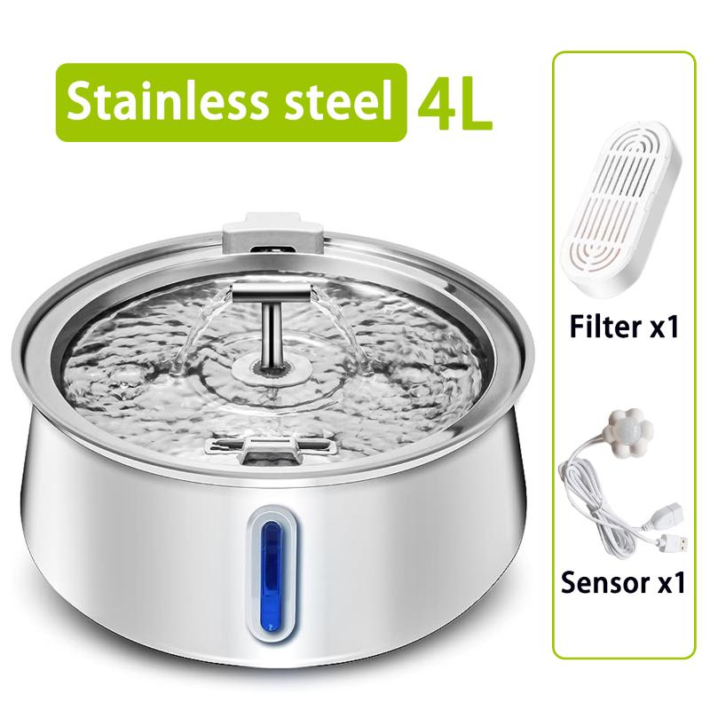 4L Cat Water Fountain Round Stainless Steel Automatic Drinking Fountain Double Outlet Cat Drinker Suitable for Two Pet Dog Cat