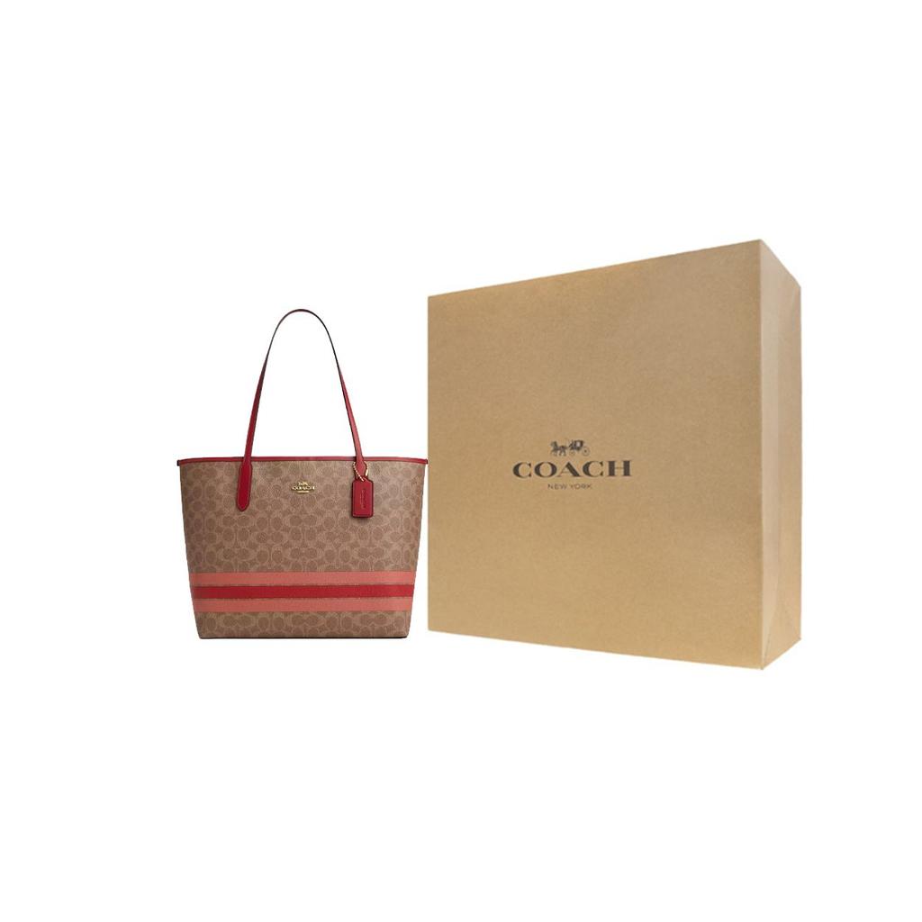 Coach Exclusive 33 Color Block Stripe Design Coated Canvas Tote Bag Women tote bags Gold Bronze CAL86-IMTAM