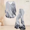 Women Plus Size Two Piece Set Round Neck Three Quarter Sleeve Printed Flared Top Flared Pants Black Green Gold