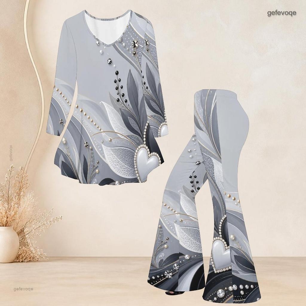 Women Plus Size Two Piece Set Round Neck Three Quarter Sleeve Printed Flared Top Flared Pants Black Green Gold