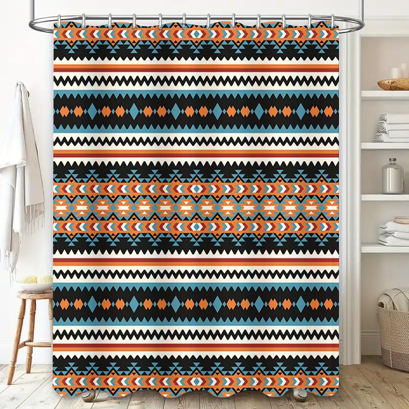 Tribal Pattern Shower Curtain Waterproof Bathroom Decor for Home Decoration Multicolor Geometric Design with Blue, Orange Black