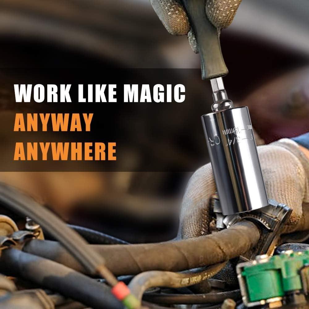 Metric 7-19mm Socket 3/8" Hex Shank Post 1/4"-3/4" Silver Ratchet Socket Universal Socket Tool with Electric Drill Adapter (Silver Socket + Post)