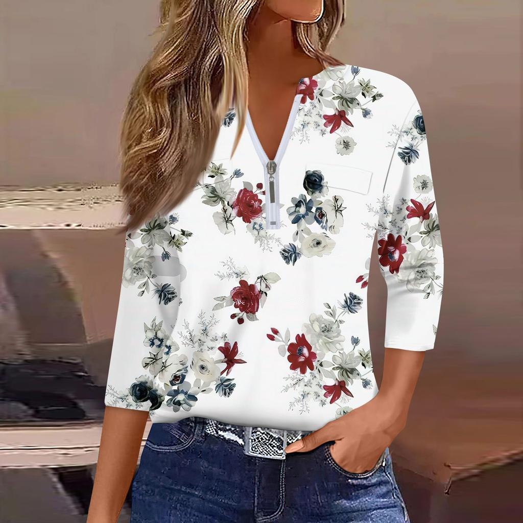 Damen 3/4 Ärmel Karierte Hemden Reißverschluss Floral Casual Tunika Bluse Tops