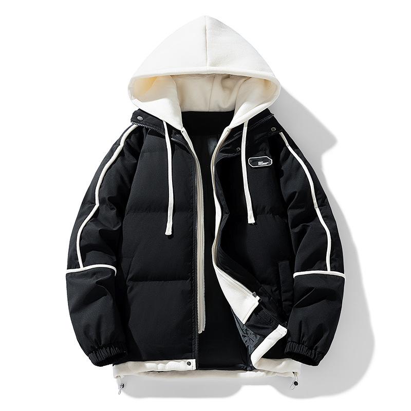 Chest Label Winter Cotton Coat Men and Women with The Same Paragraph Loose Hooded Striped Couple Paragraph Cotton Clothing Fake Two Pieces Jacket Men