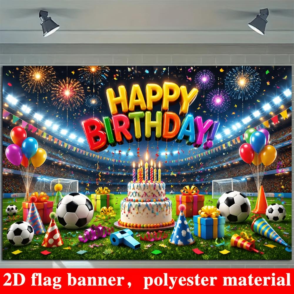 Soccer Birthday Party Backdrop Banner, Soccer Field Fireworks Balloons Cake Gifts Happy Birthday, Polyester Indoor Outdoor Photo Background
