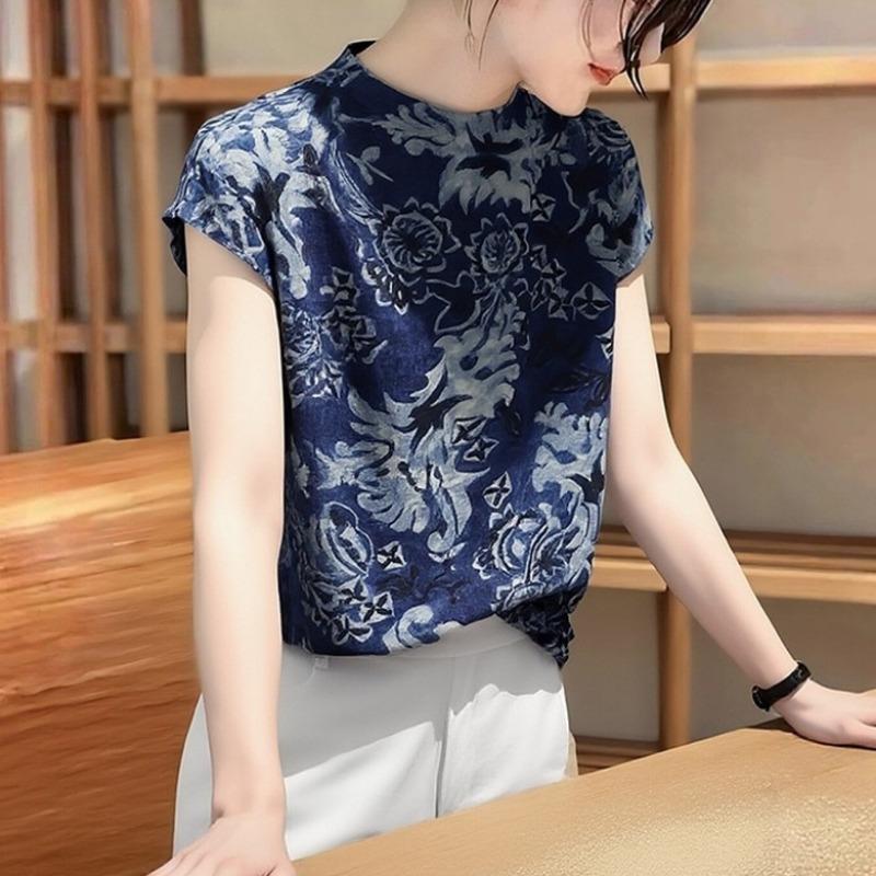 Women Chinese Style Geometric Printed Short Sleeve Loose Casual T Shirt Top S