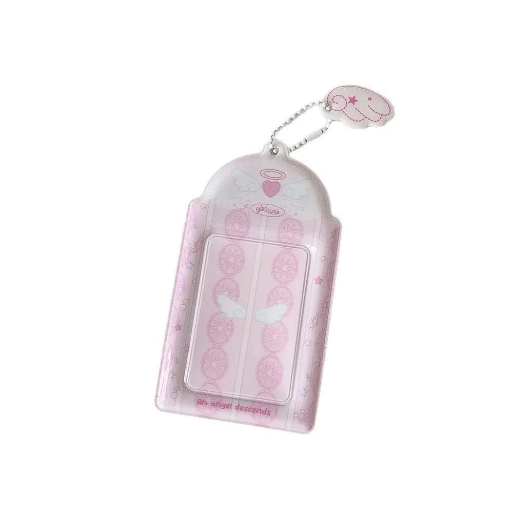 Cute PVC Photocard Holder Keychain Cartoon Angel Wings Photo Frame Hanging Decoration ID Badge Holder for Student Girls