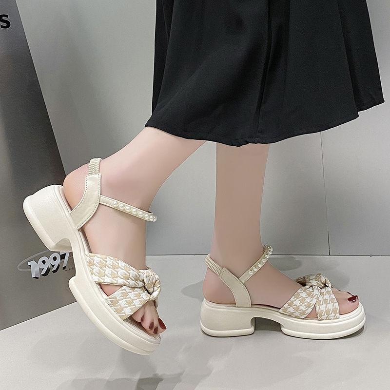 Ladies Shoes Black Pearl Round Toe Tip Platform Women's Sandals Cheap Liquidation Sandal High Quality on Offer 2025 Luxury Shoe