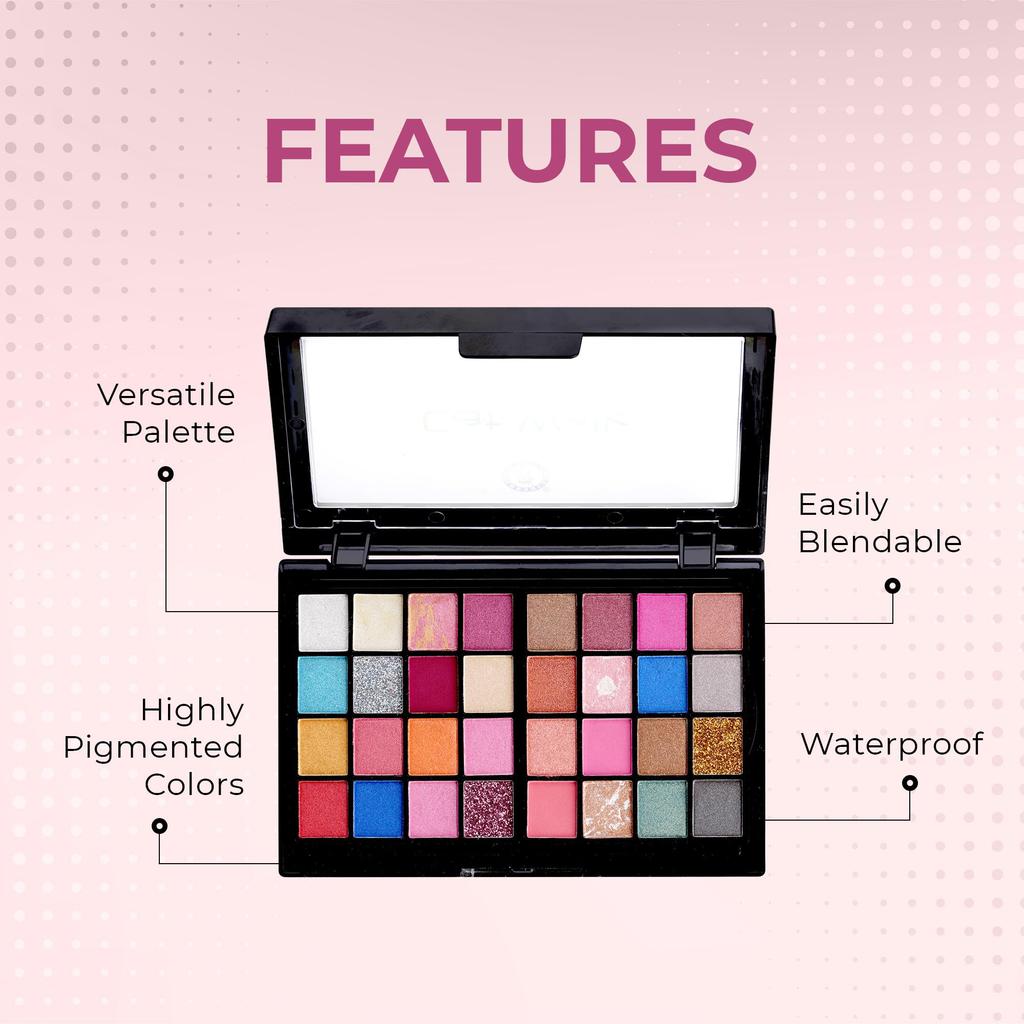 Colors Queen Cat Walk Makeup Kit with 32 Matte, Shimmer & Glitter Eyeshadows, 3 Highlighters, 3 Compact Powder & Applicator | Highly Pigmented & Lon