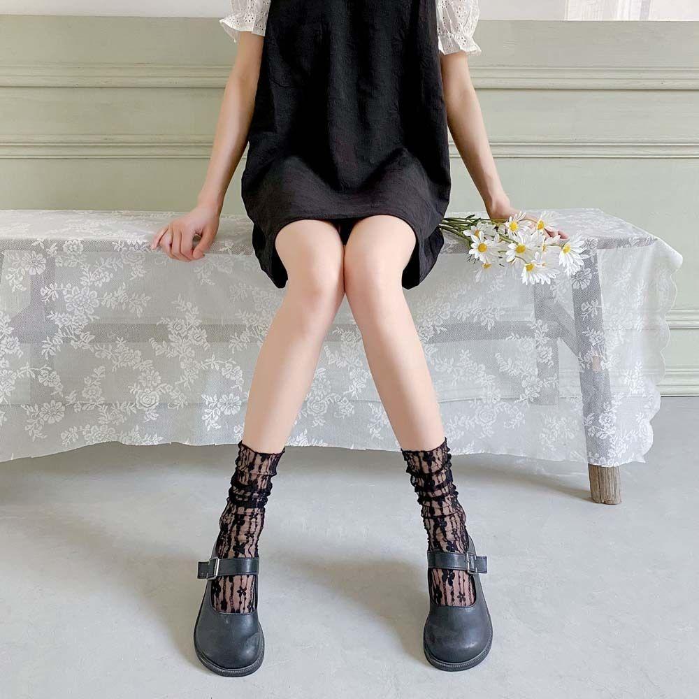 

Sweet Lolita in Tube Socks Summer Thin Stockings Fashion Lace Pile Up Socks чёрный