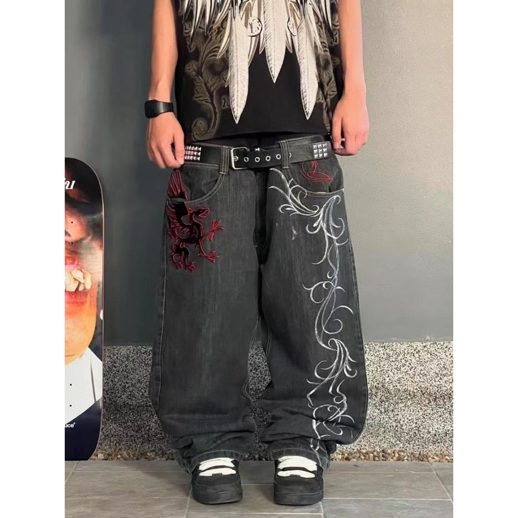 DRIPX Retro American Street Style Embroidery Wide Leg Washed  Jeans Casual Straight Leg Pants