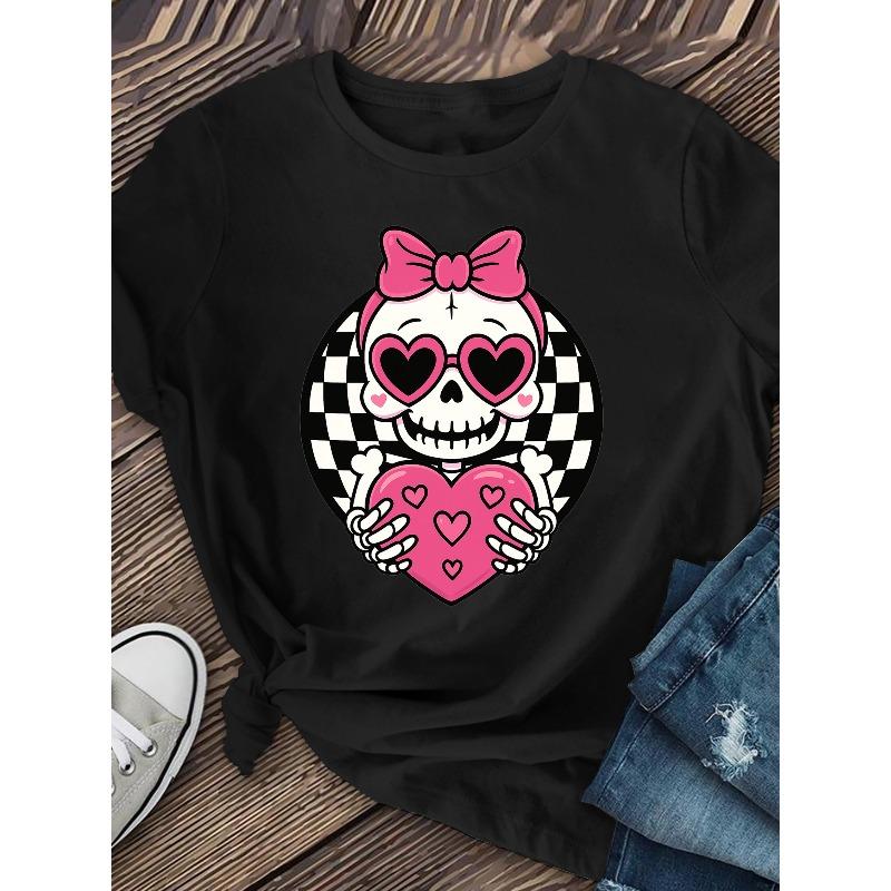 Little Skeleton and Heart Lady Short-sleeved, Round-neck Short-sleeved S T-shirt, Women's Clothing, Summer Women's Clothing