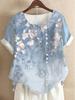 Women's 2026 Summer Retro Faux Cotton Linen Print Loose Casual Short Sleeve T-Shirt