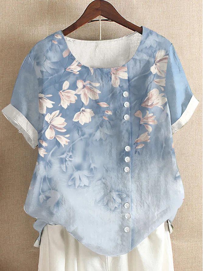 Women's 2026 Summer Retro Faux Cotton Linen Print Loose Casual Short Sleeve T-Shirt