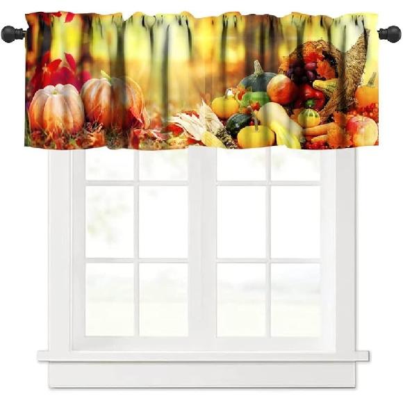 Farm Fall Window Valance, Thanksgiving Pumpkins Autumn Leaves Vine Windows Curtain Valance for Kitchen Dining Room Canteens Home Decor, One Panel