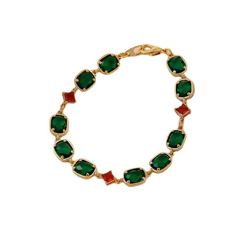Real Gold Electroplated Diamond Emerald Bracelet Korean Retro Fashion Design Bracelet Temperament Trendy Simple Jewelry