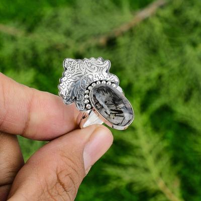 Black Rutilated Quartz Stone 925 Sterling Silver Daughter Wedding Statement Ring