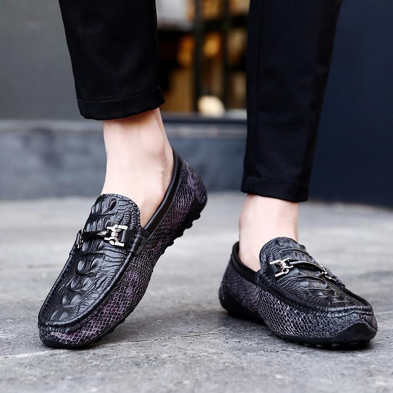 Tassel Loafers Men Genuine Leather Flat Casual Shoes Slip -On Drive Shoes Sandals Black Soft Outdoor Moccasins Crocodile Pattern