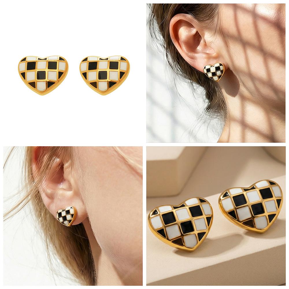 Checkerboard Heart Enamel Stud Earrings - European & American Fashion, Stainless Steel