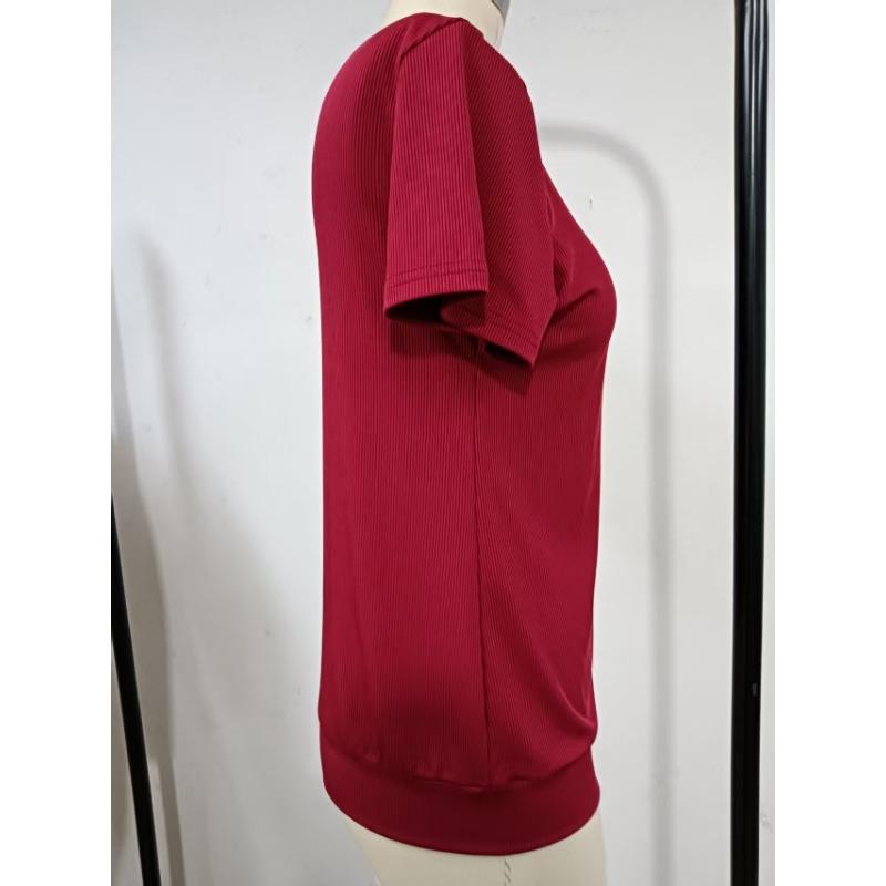 Womens Ribbed Knit Half Zip T Shirt With Stand Collar Short Sleeve Casual Slim Fit Top