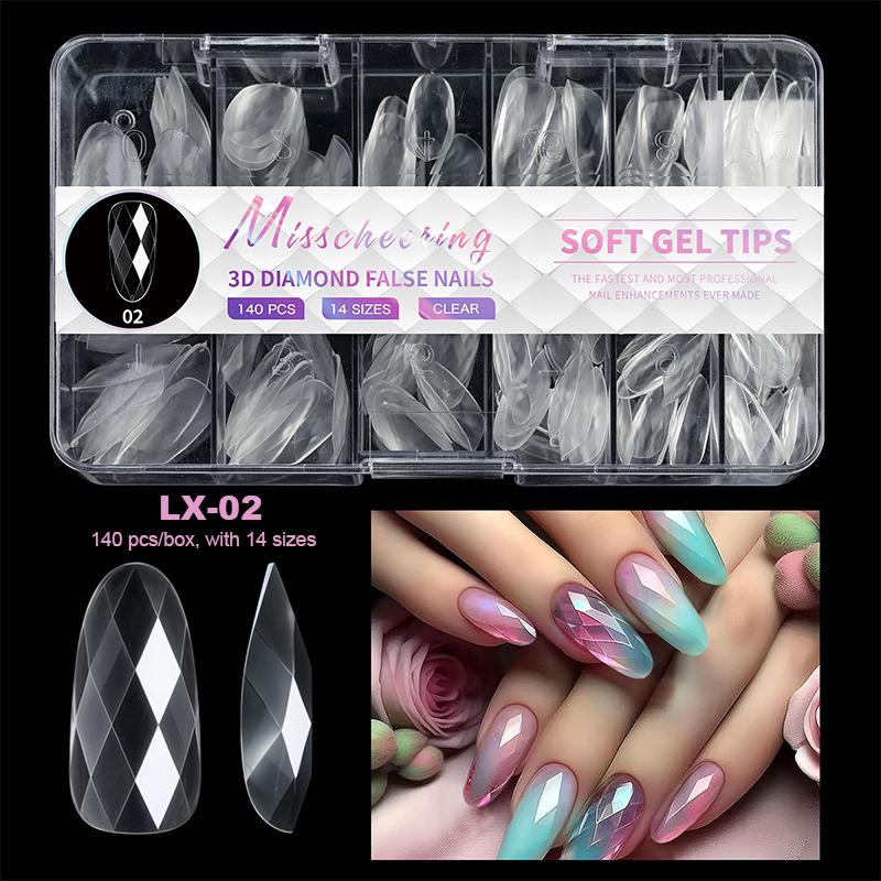Luxury Diamond Almond Press On False Nail Tips Classic Trapezoidal Full Cover Soft Fake Nails Extension DIY Manicure Salon Tools