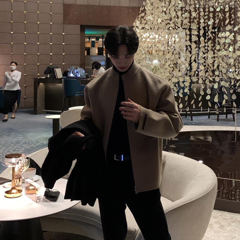 Men's Korean Style Wool Bomber Jacket - Spring Trend, Stand Collar, Solid Color, Cool & Handsome Design.