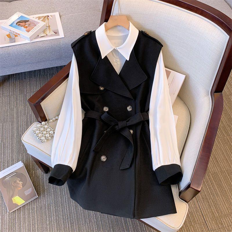 

Стильный и удобный осенний женский костюм из двух предметов: рубашка и жилет. Осенний костюм. XL чёрный