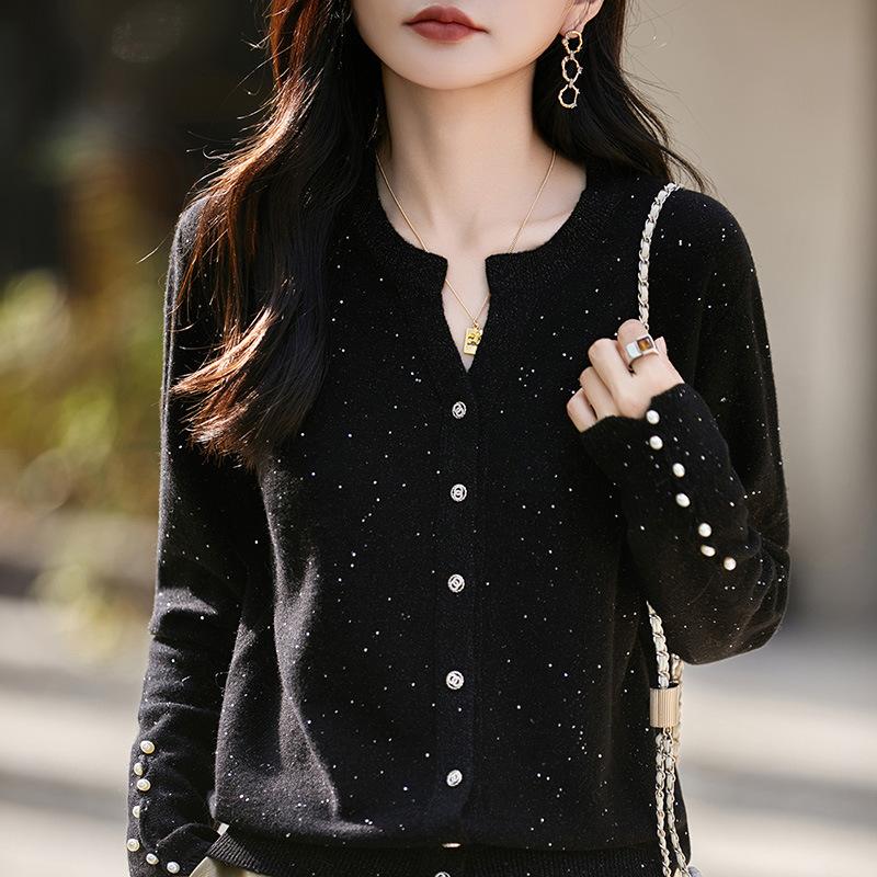 New Beaded Cardigan Women'S Fashion Autumn And Winter Knitted Sweater 100% Wool Loose And Versatile Bottoming Top Cardigan